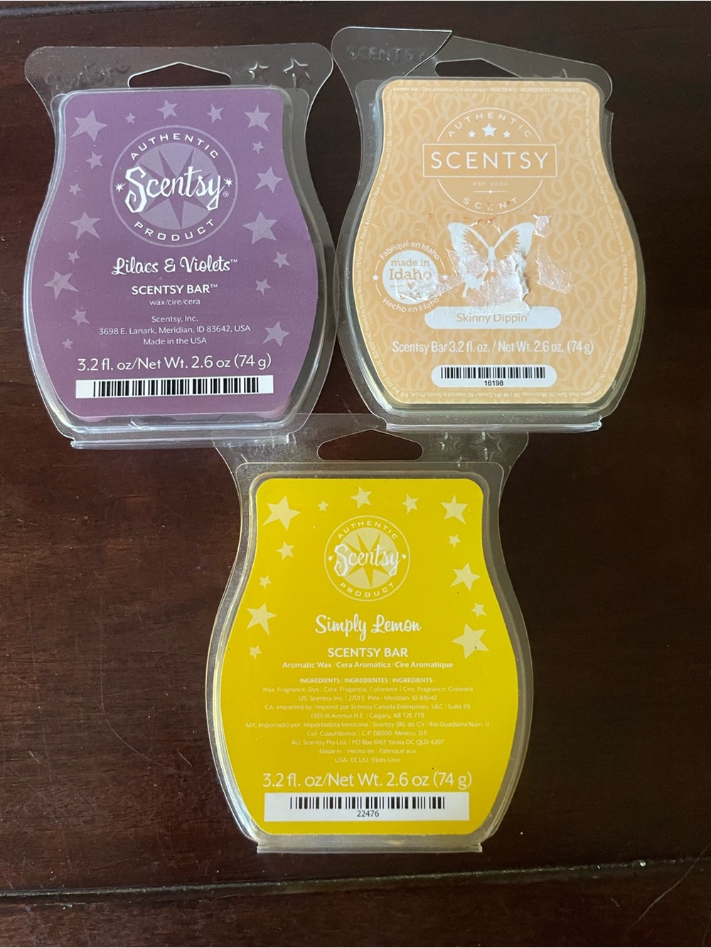 Scentsy Wax Bars lot 3 Skinny Dippin' Lilacs & Violet Simply Lemon 3.2 oz New